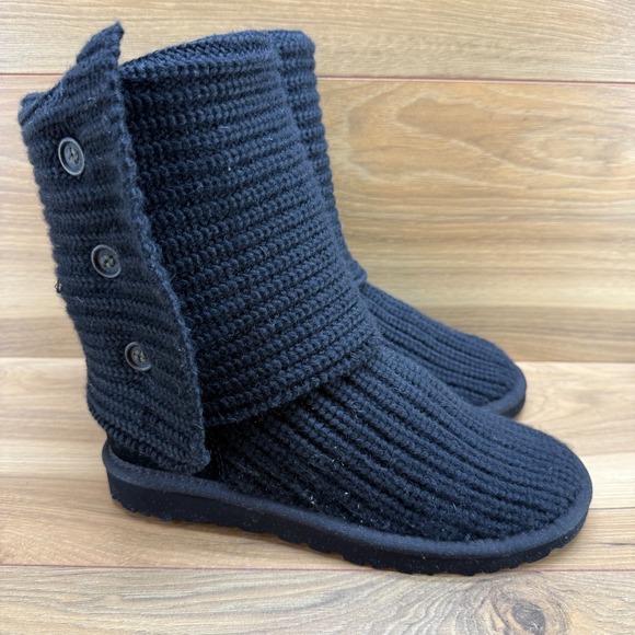 UGG Classic Cardy Boots Womens 6 Black Sweater Knit Pull On Boots Button - Picture 5 of 11